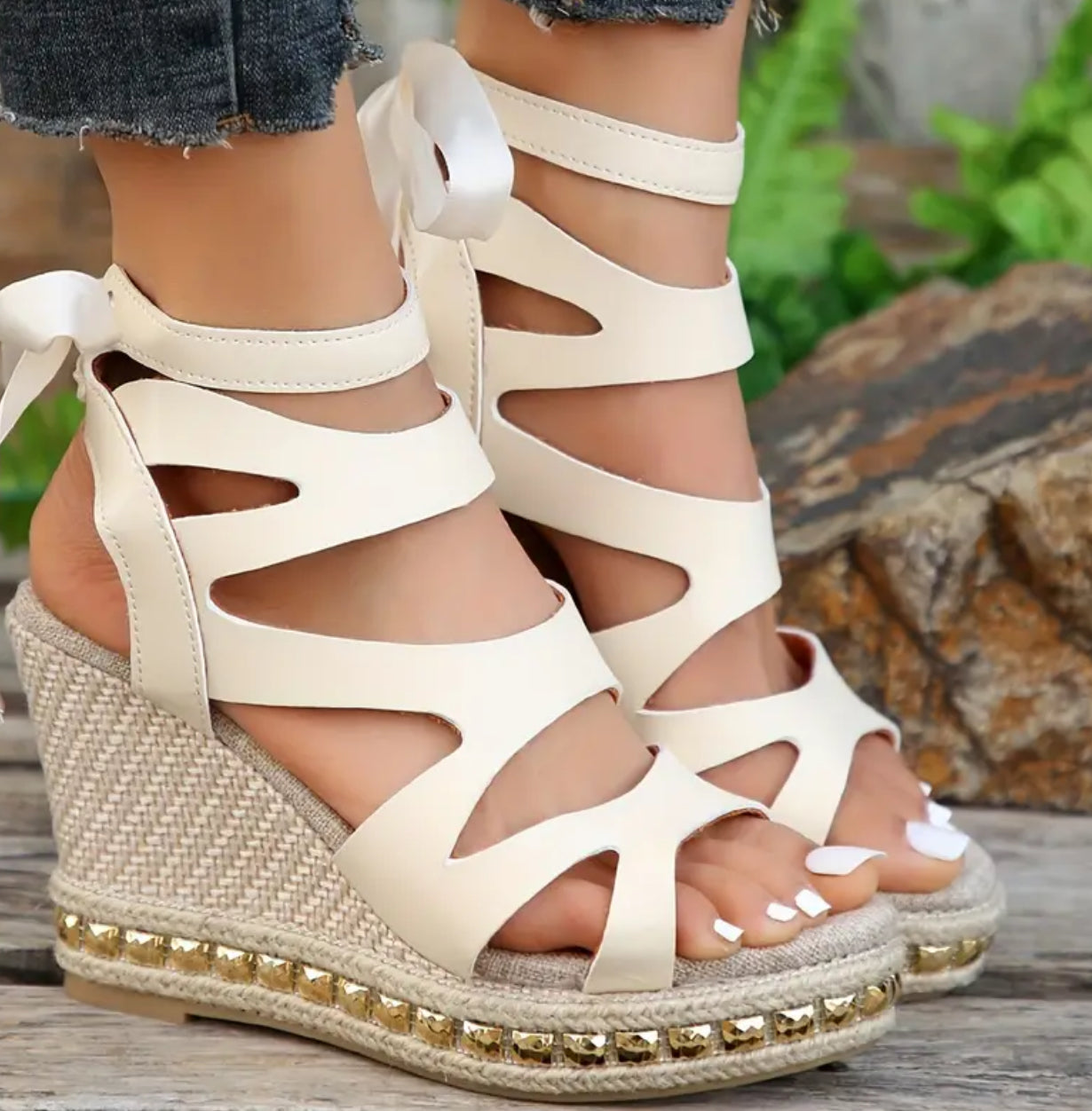 “Beige & Gold” Women’s, Stylish Lace Up Platform