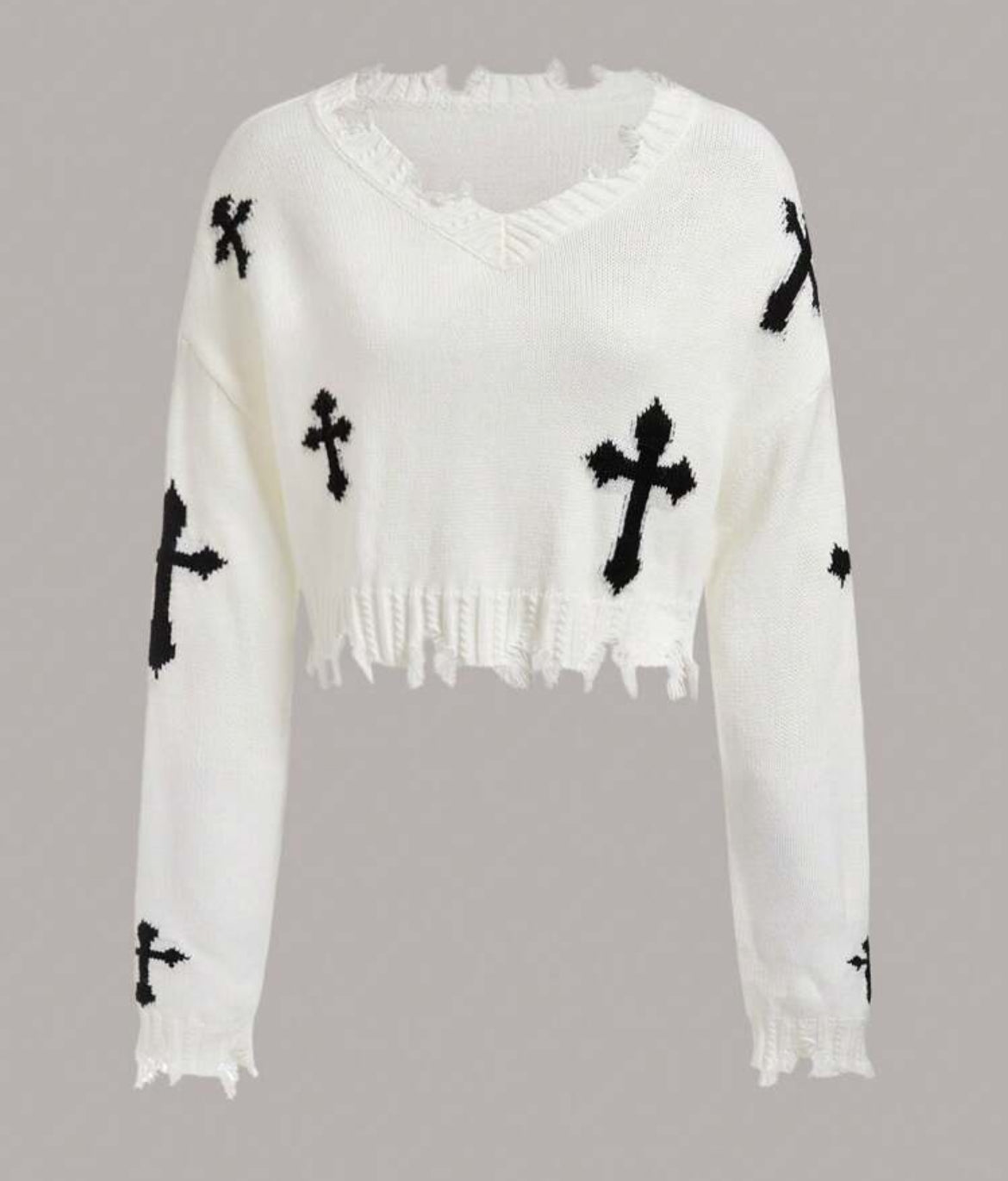 Cross Pattern, Distressed, Drop Shoulder, Sweater