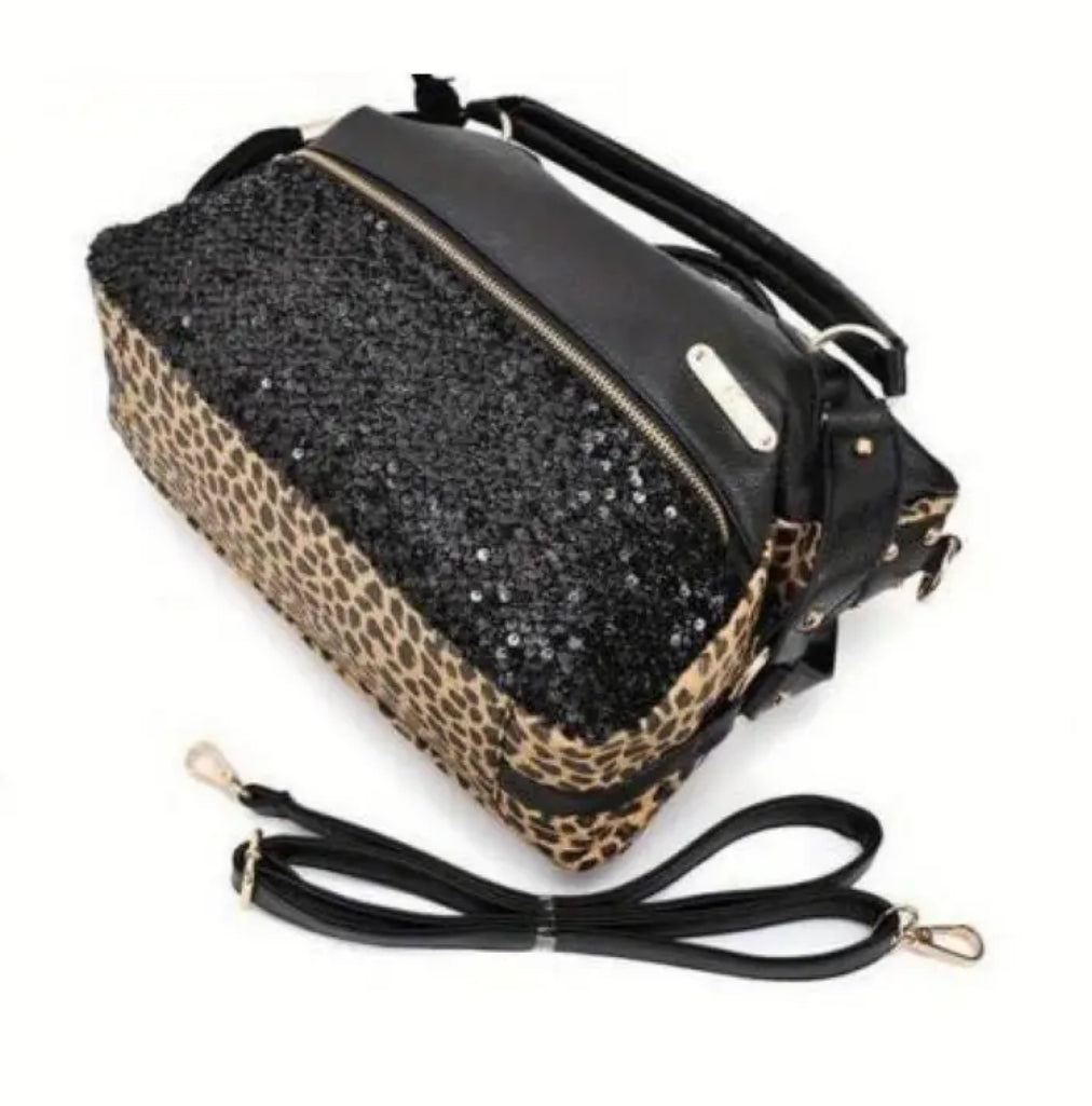 “Adriana” Sequins Leopard, Detachable Strap, Zipper Closure, Hand Bag