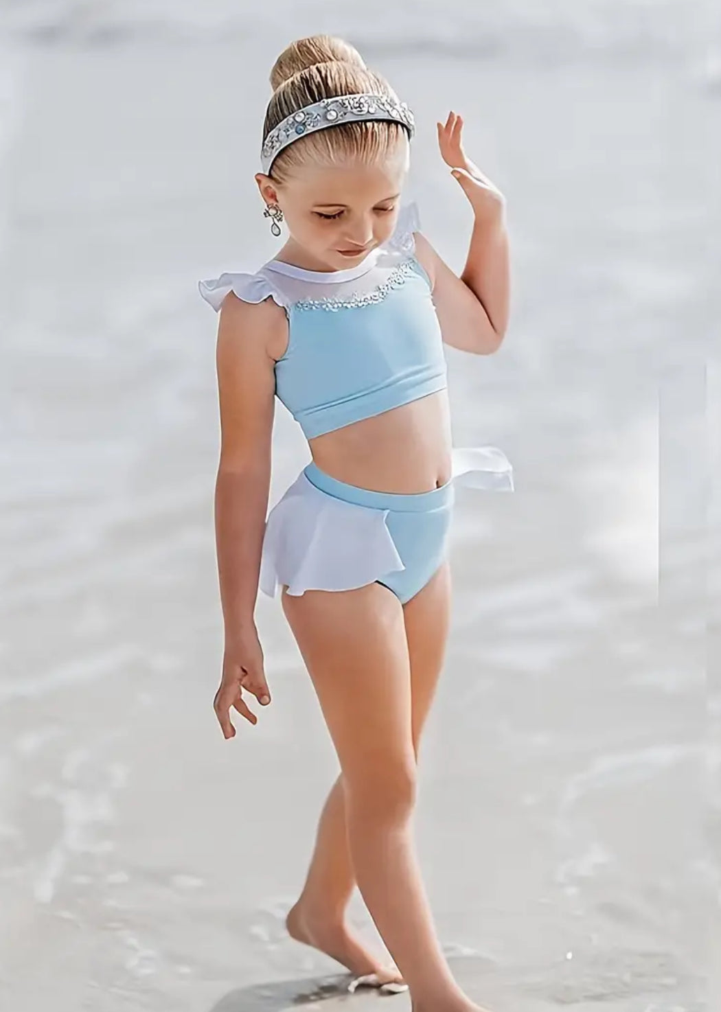 ‘Cinderella’ 🩵 Swimsuit Set - Sleeveless Ruffle-Trimmed Top & Skirted Bottoms