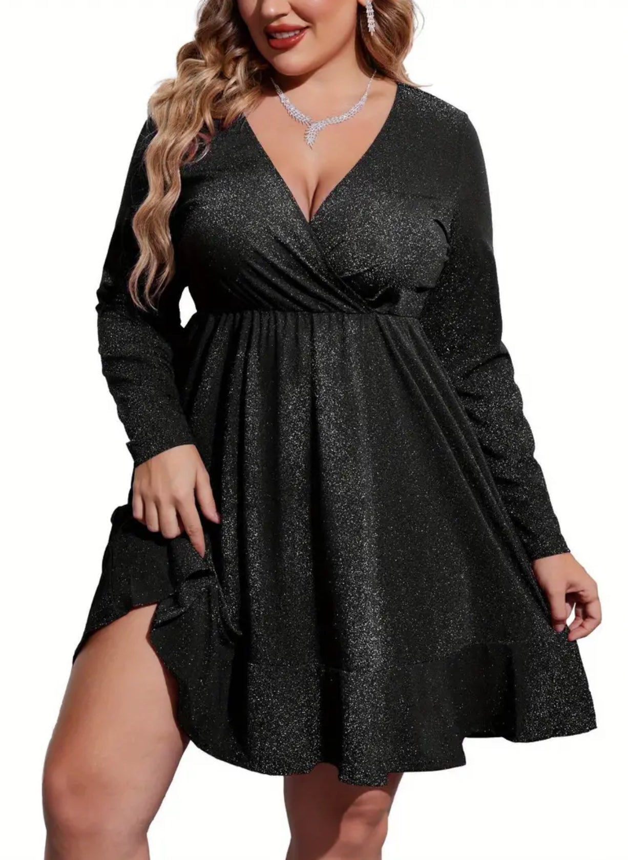 ELESOL  Plus Size Womens Glitter Dress V Neck Long Sleeve Ruffle Hem Swing Club Cocktail Party Dresses