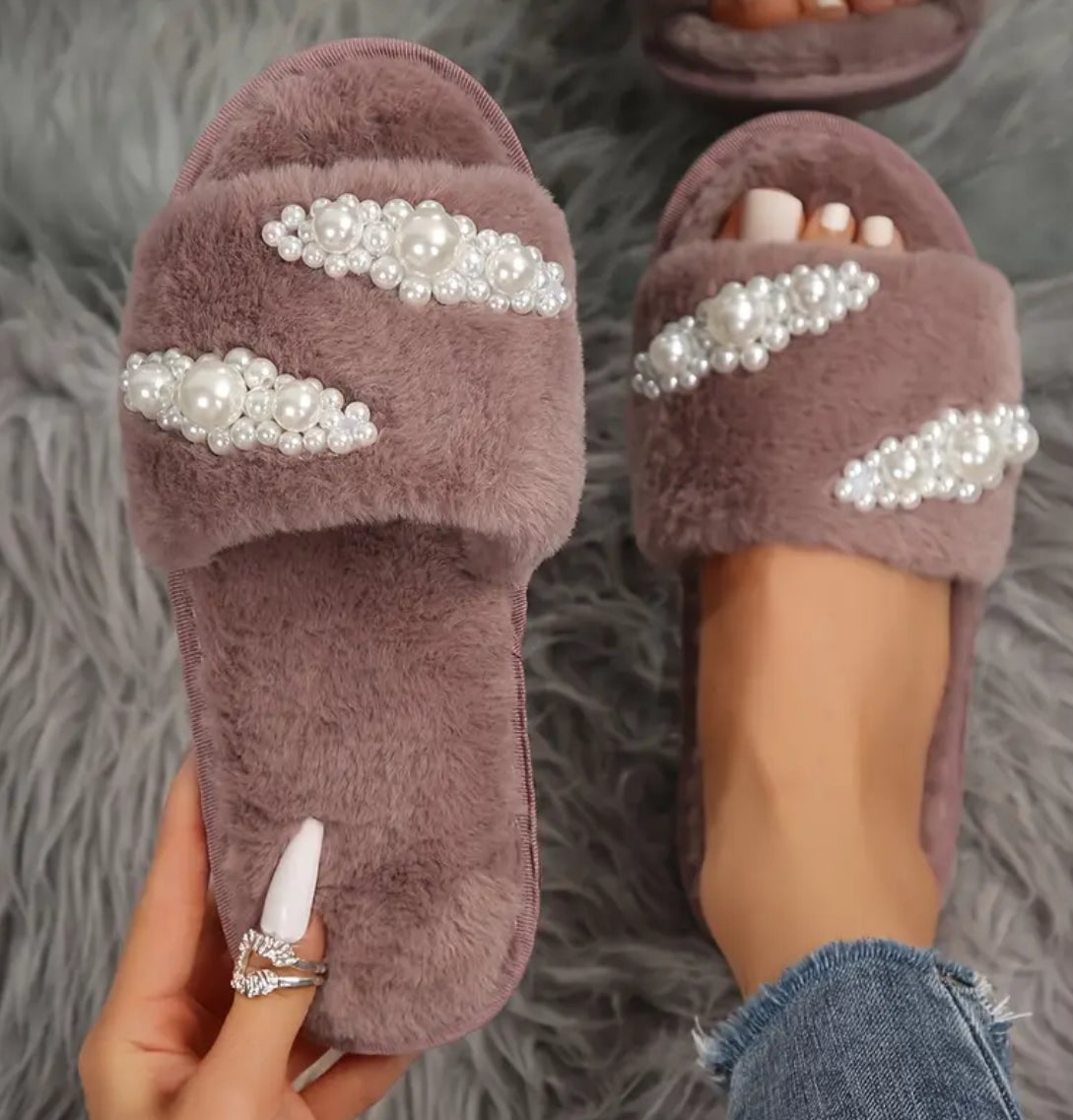 Winter Plush Comfort Slippers - Faux Pearl Accents