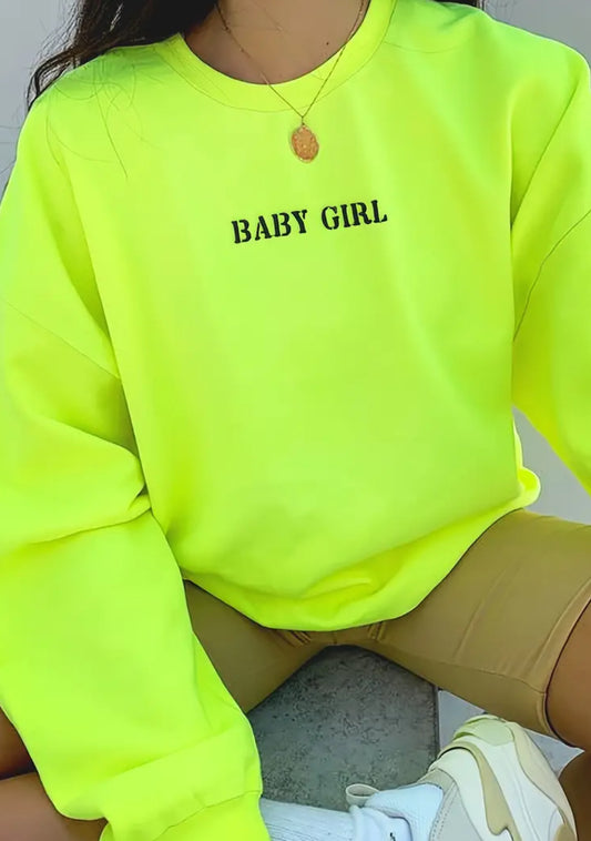 “Neon U Baby Girl”  Pullover Sweatshirt, Casual Long Sleeve Crew Neck, Soft and Warm