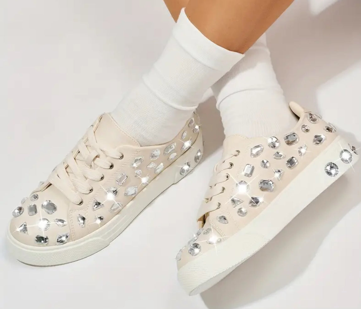 Women's “Rhinestone Sparkly” Flat Canvas Lace-Up Sneakers