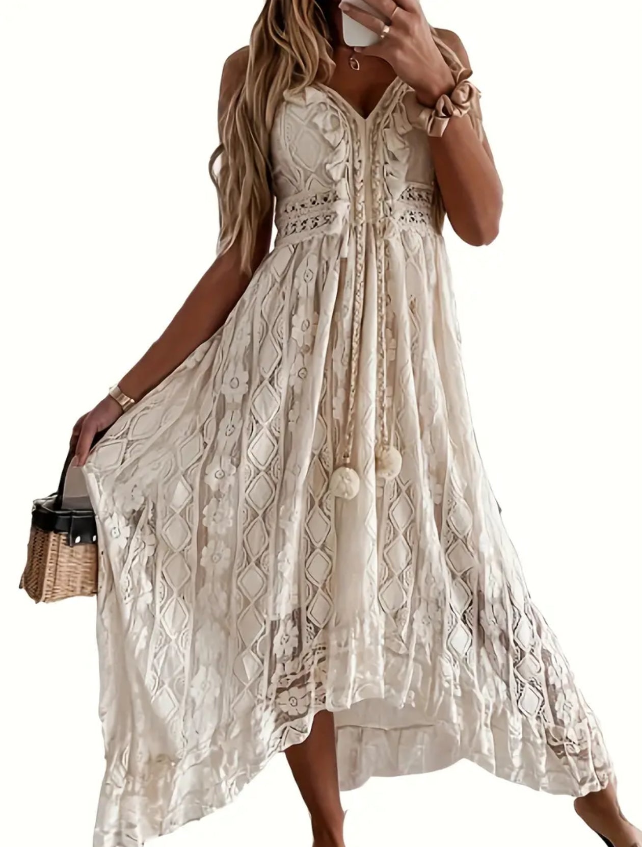 Plus Size Romantic , Contrast Lace Hollow Out, Tassel, Cami Maxi Dress