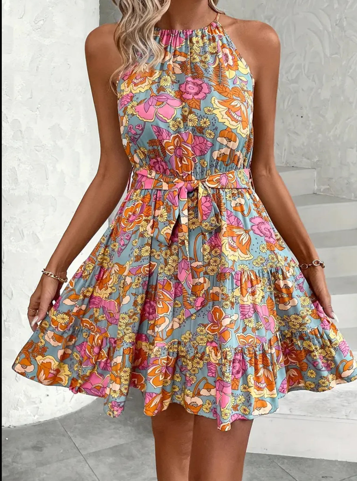 “Floral Elegance” Halter Neck Sleeveless Tie Waist Dress