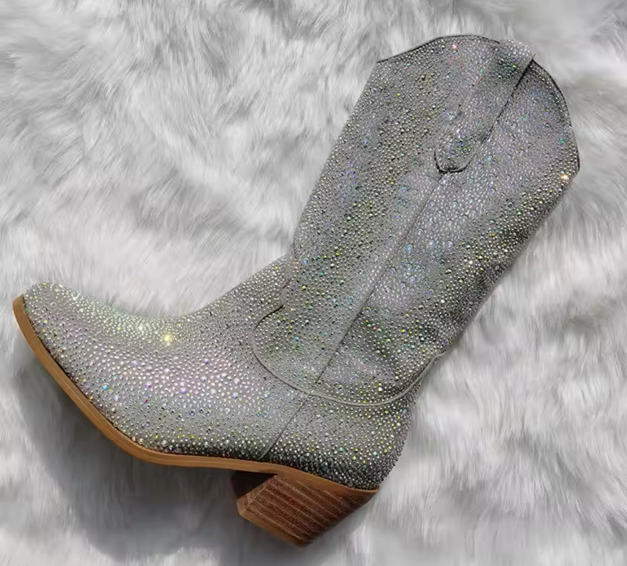 “Western & Rhinestones” Cowboy Boots, Stacked Block Heel, Mid Calf, Zipper Closure, PU Faux Leather Upper