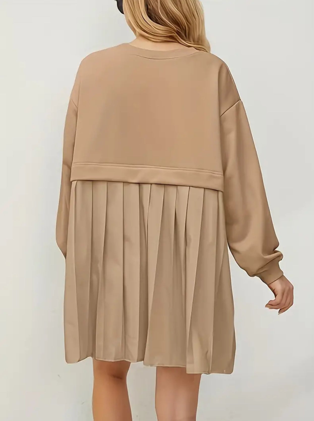 Timeless, Drop Shoulder Solid Loose, Pleated Long Sleeve Dress