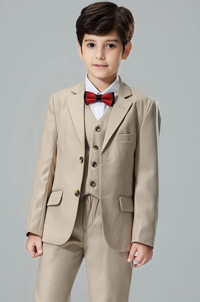 Traje formal para niños, color caqui, 3 piezas, abrigo, chaleco y pantalón