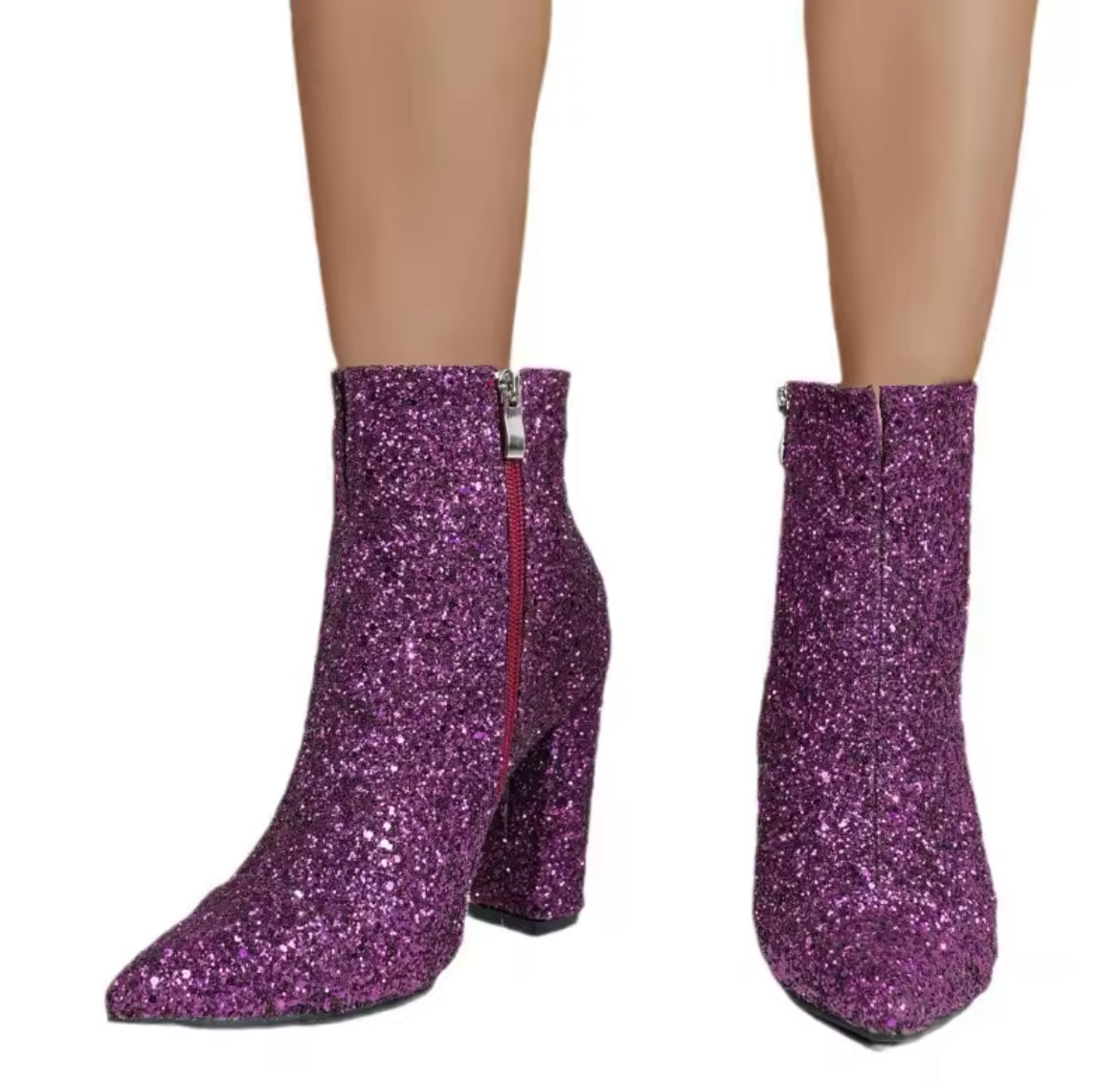 “Fashionable Glitter” Pointed Toe, Thick Heel Side Zipper Ankle Boots, Women’s