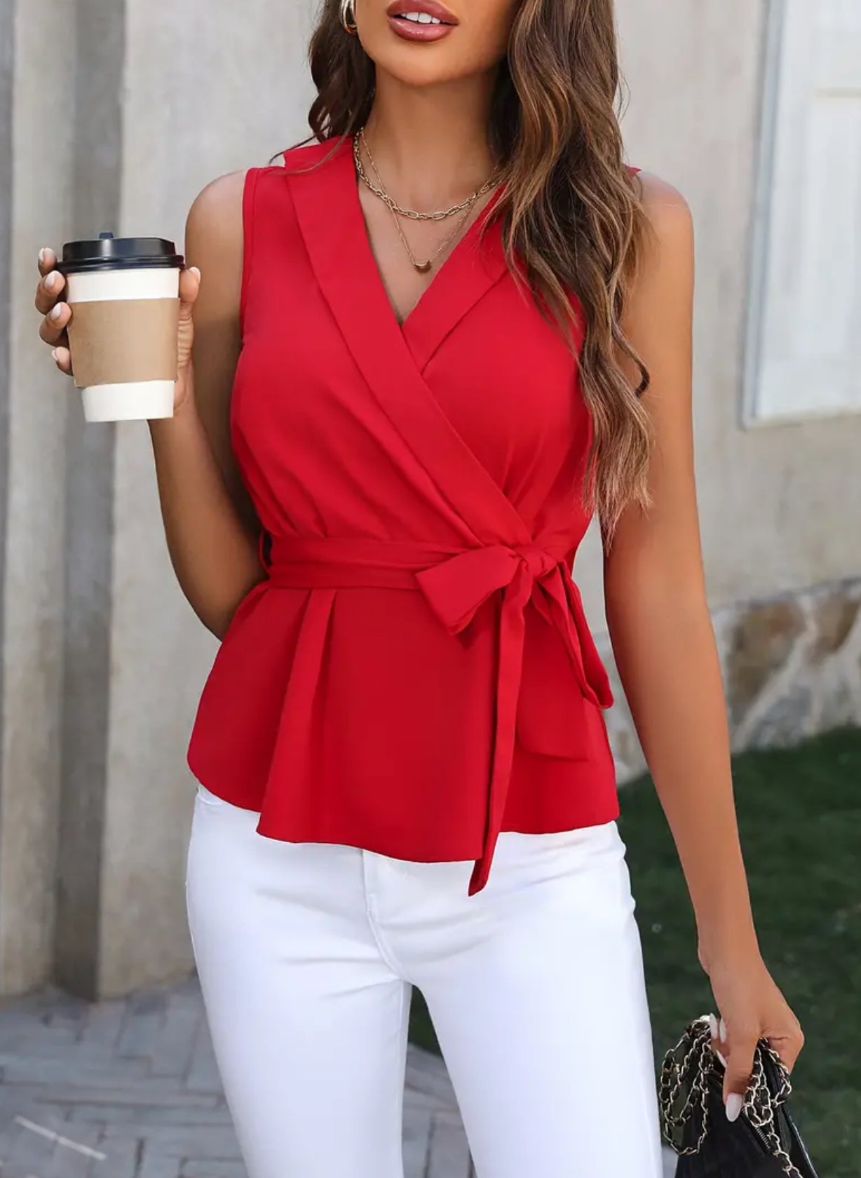 Women's Sleeveless Wrap Blouse with Ruffle Hem