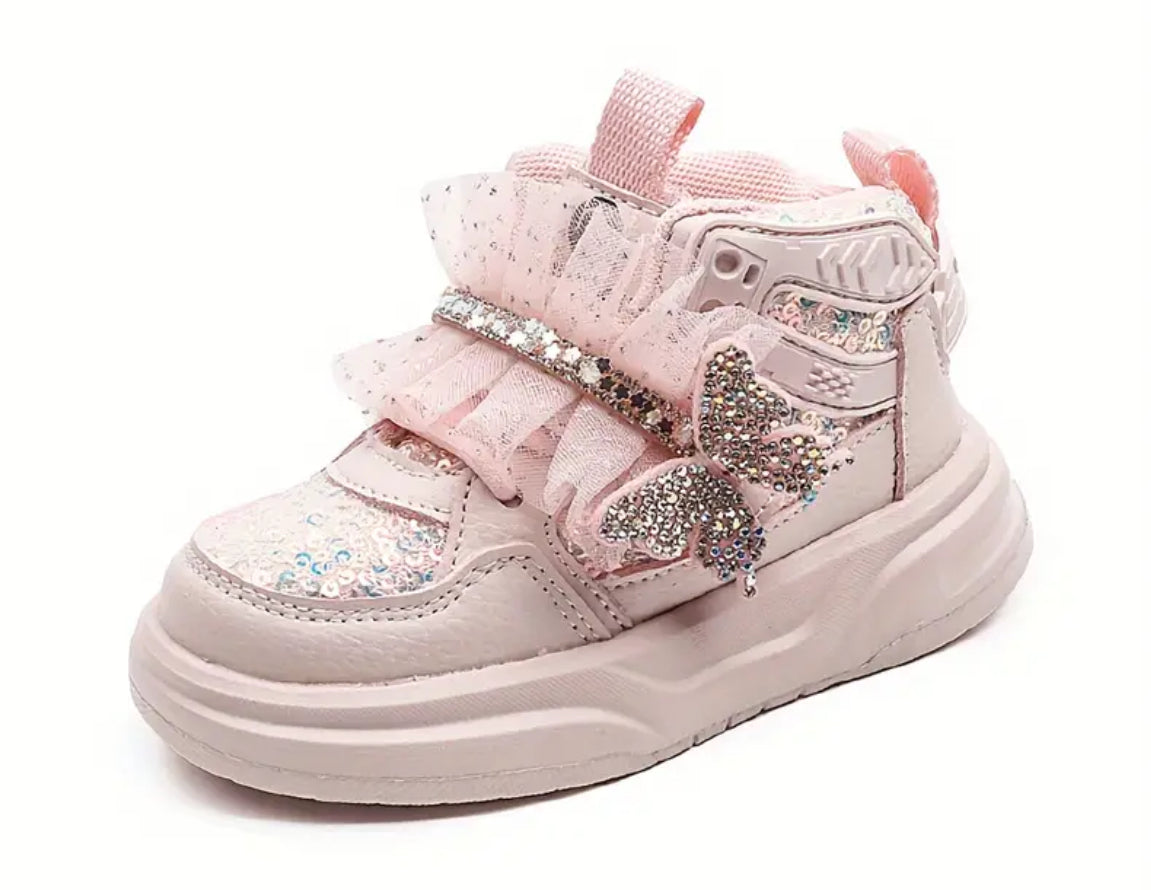 “Sparkling Butterfly Bow & Sequin” Girls' Mid-Top Sneakers