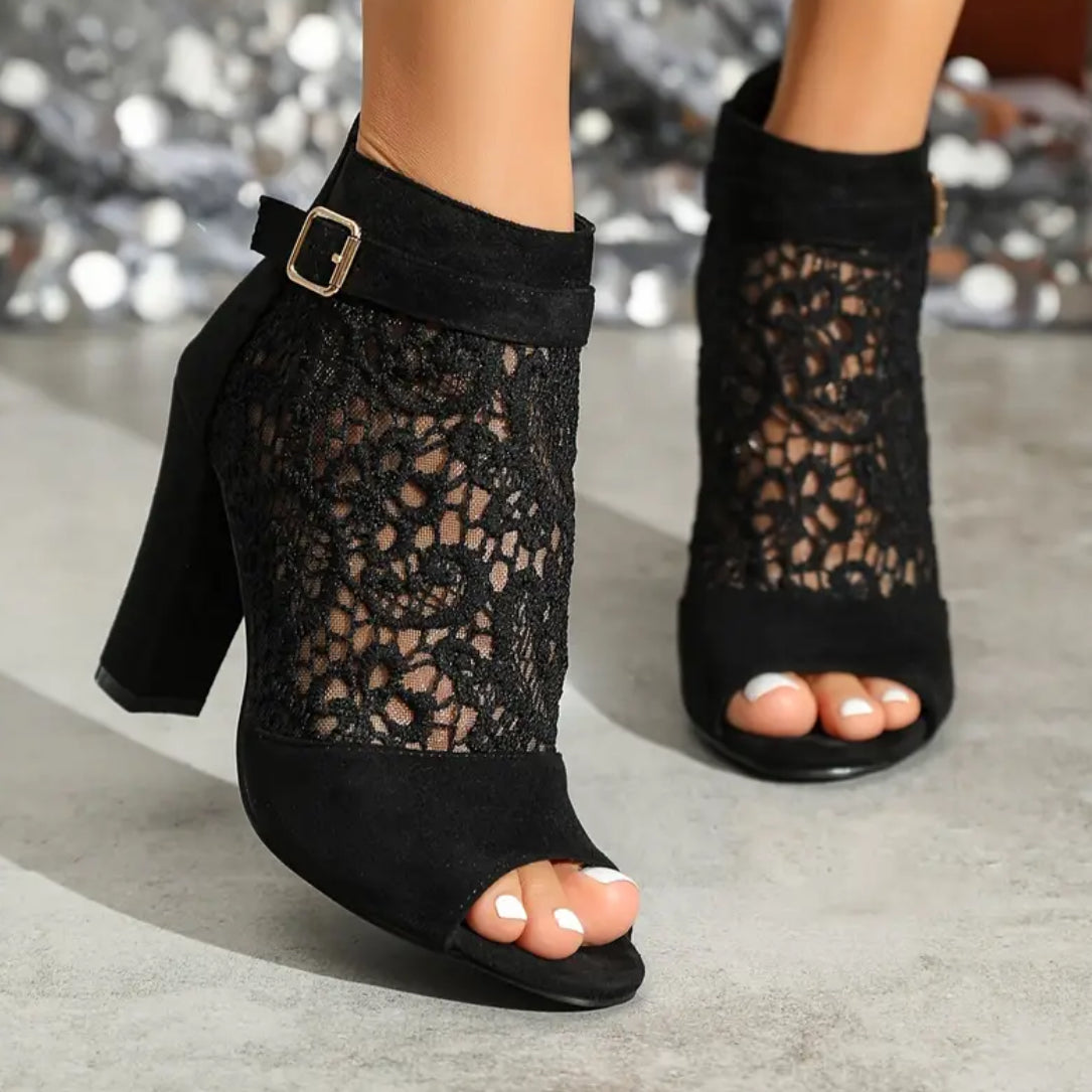 Black Floral Mesh Peep-Toe Shoes with Chunky Heel and Back Zipper Ankle Booties