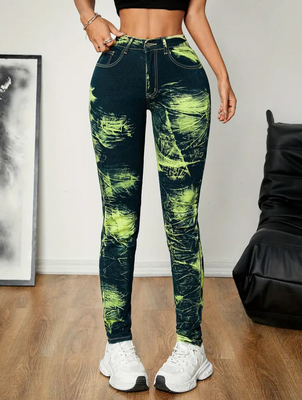 “Tie Dye Neon” High Waist Elastic Hip Lifting Versatile Denim Pants