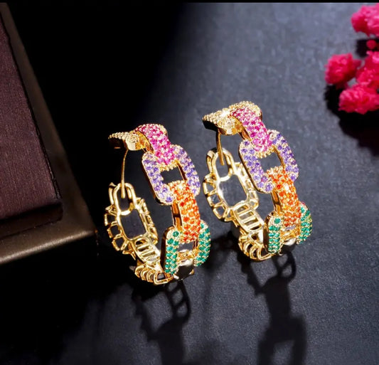 Pendientes de aro con diseño de cadena exquisito y colorido, chapados en oro de 18 quilates, joyería con circonitas