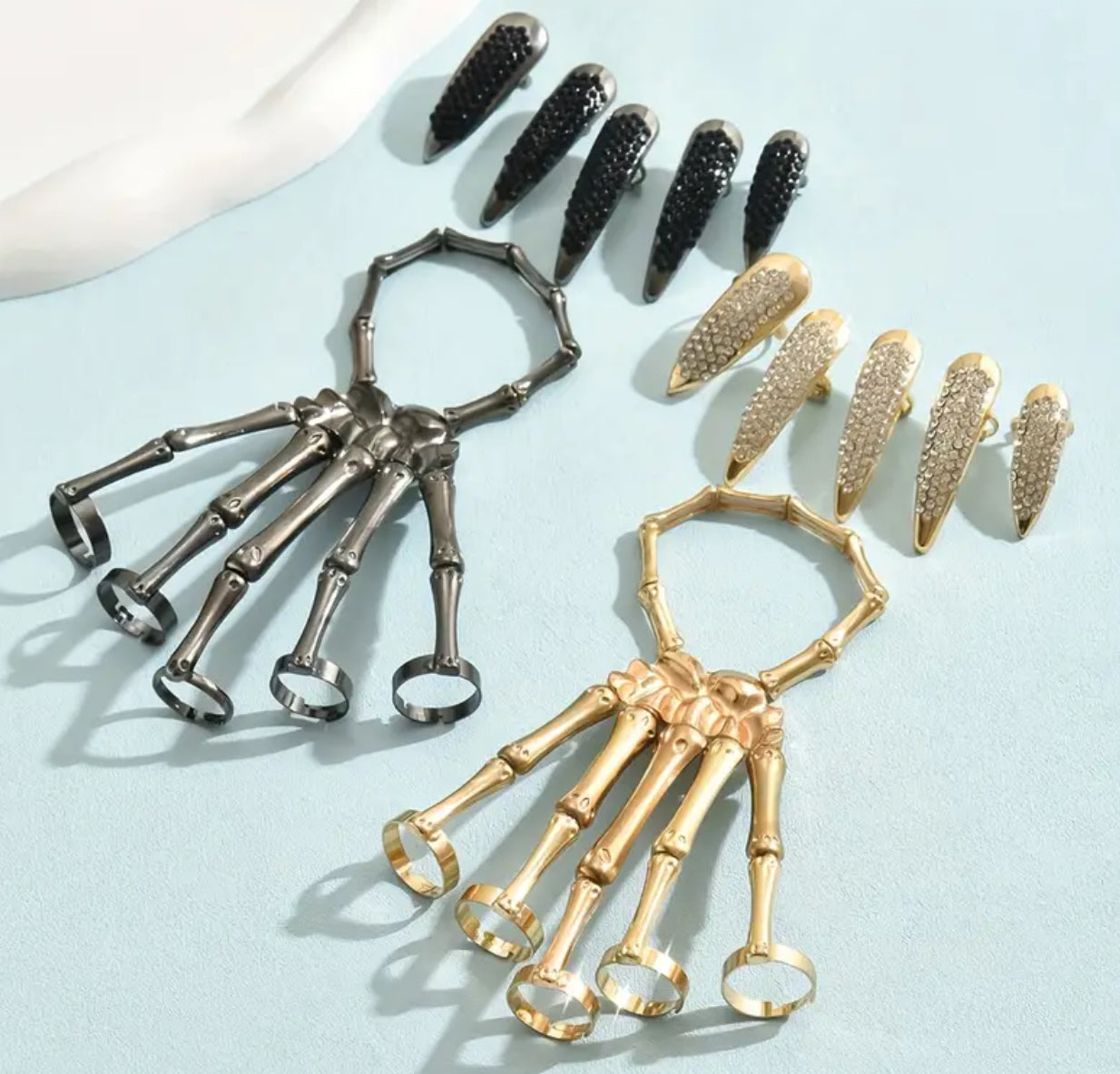 “Jack 💀” Vintage Punk Skeleton Hand Ring Set, Rhinestone Studded Talon Nail Covers, Zinc Alloy Plated, Adjustable Jewelry