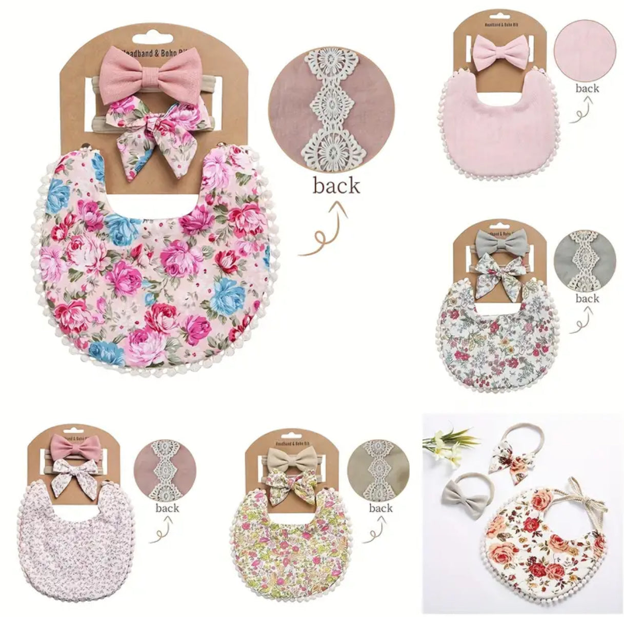 Lindo conjunto de babero y diadema de algodón con estampado floral para recién nacidos