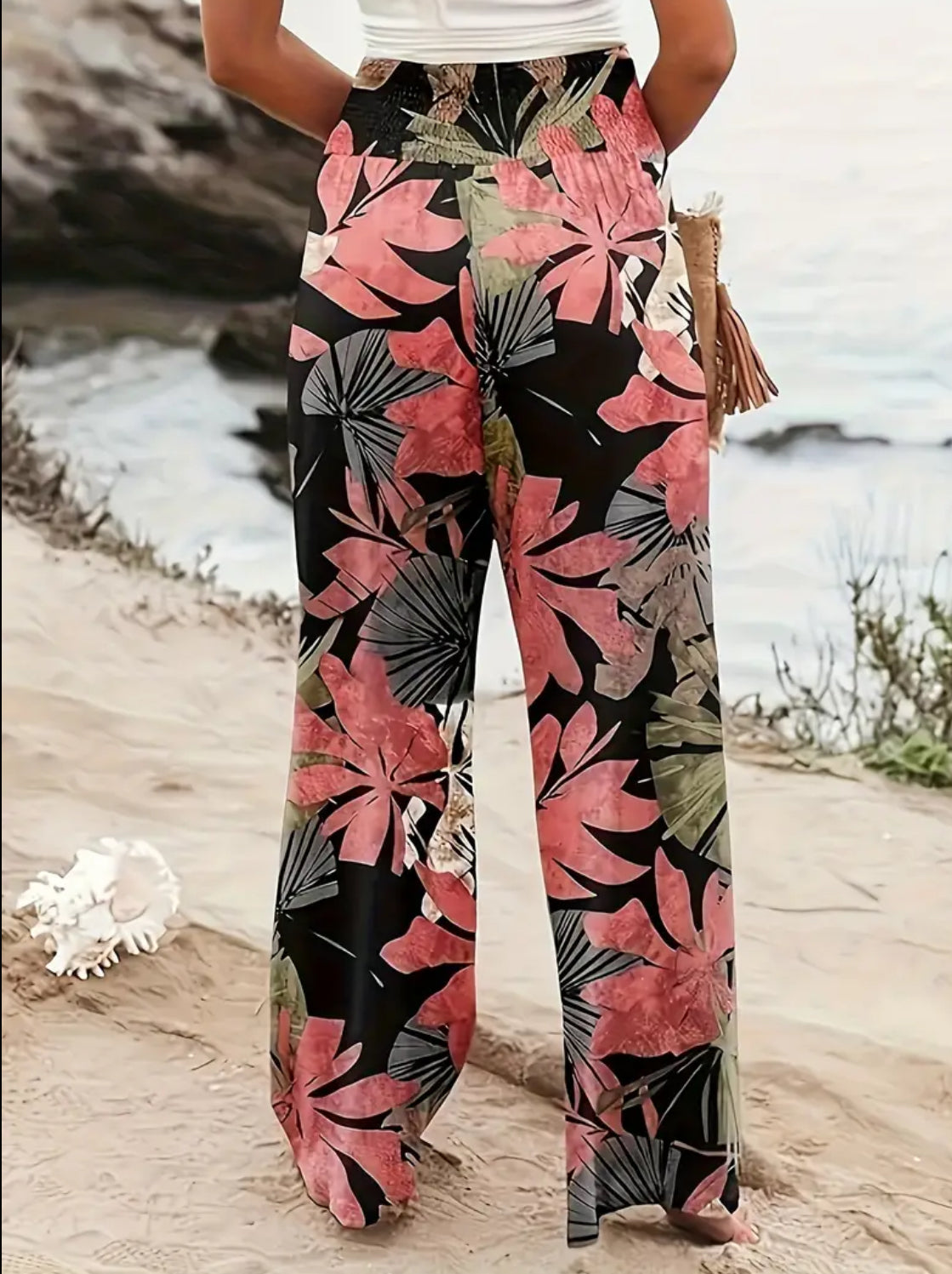 Pantalones de pierna ancha, cintura alta fruncida, elegantes 💋 mamás, hasta 2XL