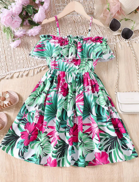 Girls, “Tropical” Off-Shoulder Sling Casual Dress