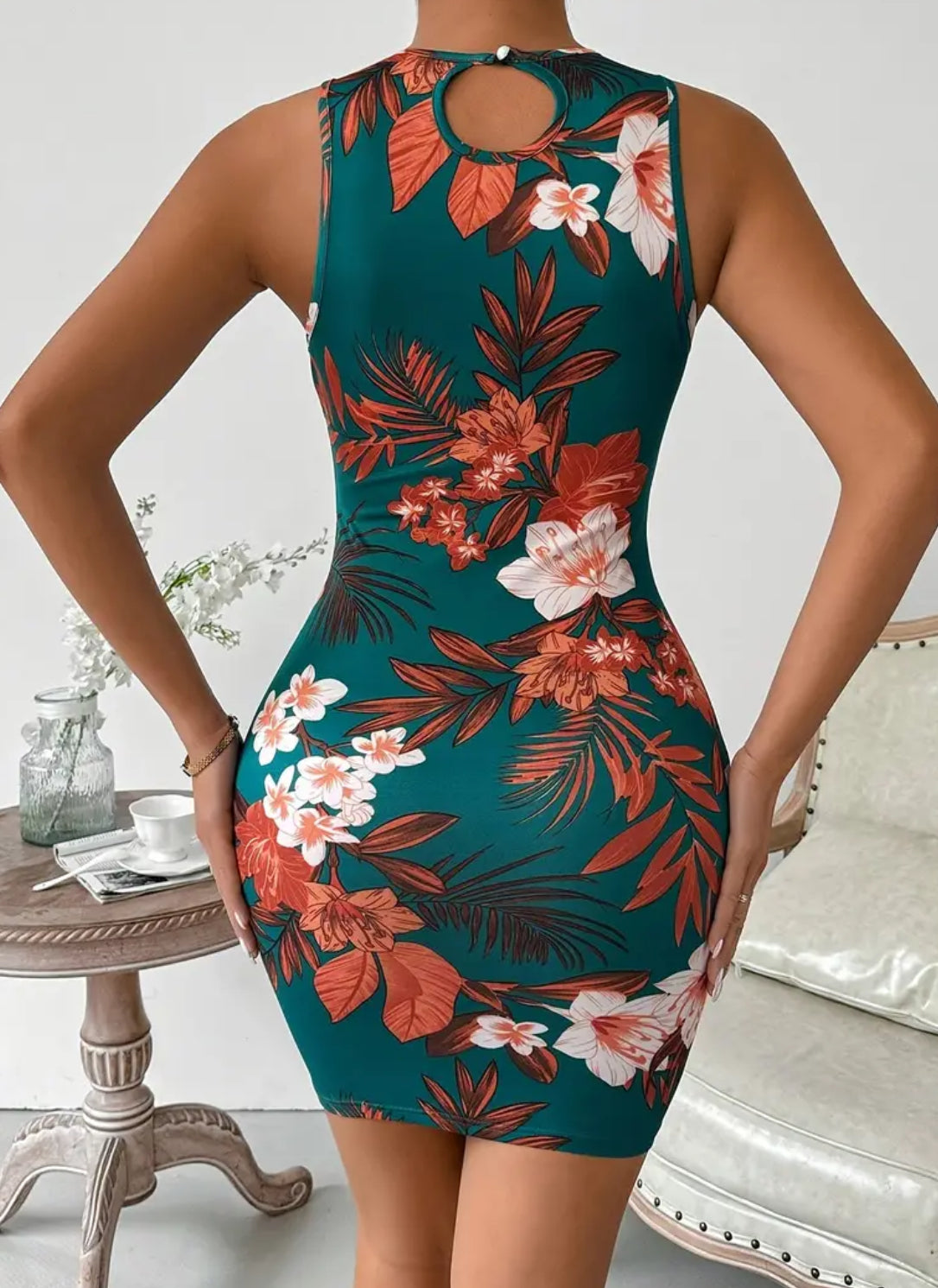 Floral Bodycon, Elegant Tank, Crew Neck, Sleeveless Dress