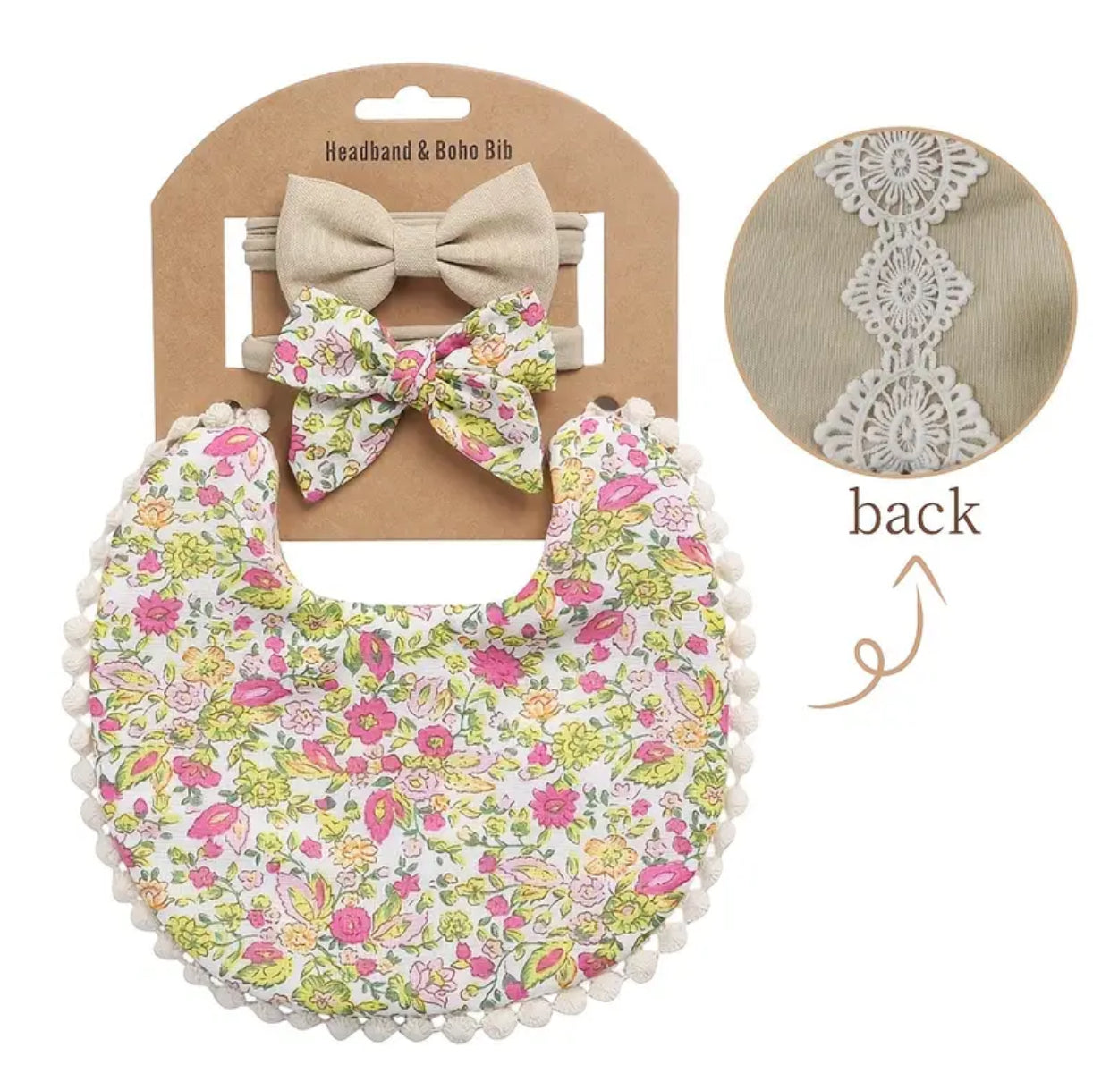 Lindo conjunto de babero y diadema de algodón con estampado floral para recién nacidos