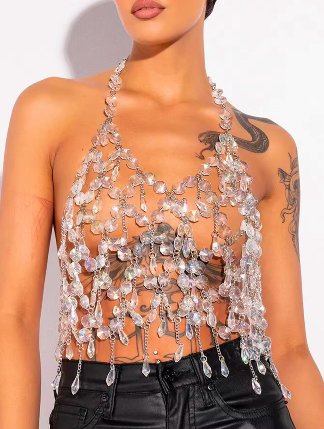 “Crystals” See Through Rhinestone, y2k Halter Cropped Tank Top