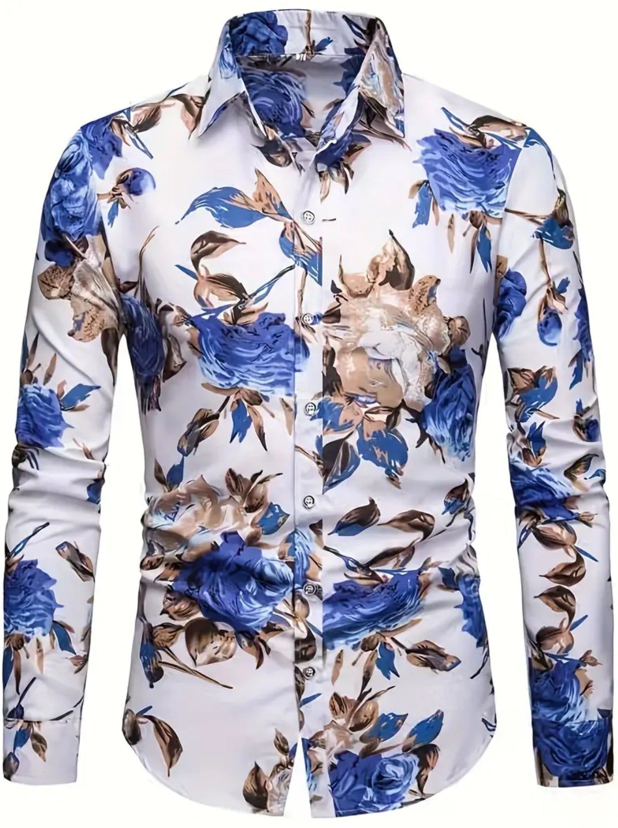 Camisa informal de manga larga con botones y estampado de rosas para hombre