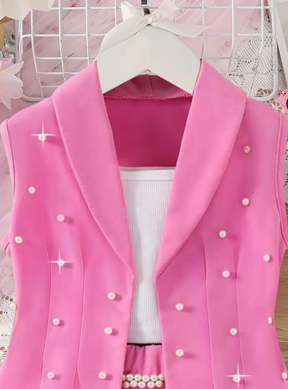 Girls ‘MISS HOLLYWOOD’ 3pcs Set - Shorts, White Blouse + Sleeveless Suit Vest