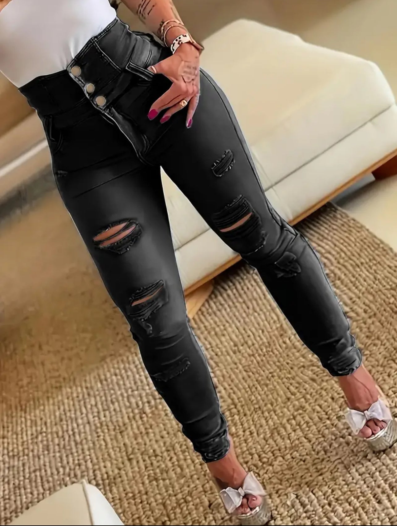 Posh 💋 Ripped Casual Skinny Jeans, Distressed Single-Breasted Button High Waist Denim Pants