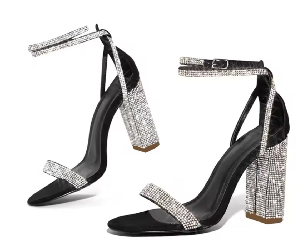 Glitter Rhinestones, Women’s Square High Heels with an Open Toe Crystal Ankle Strap