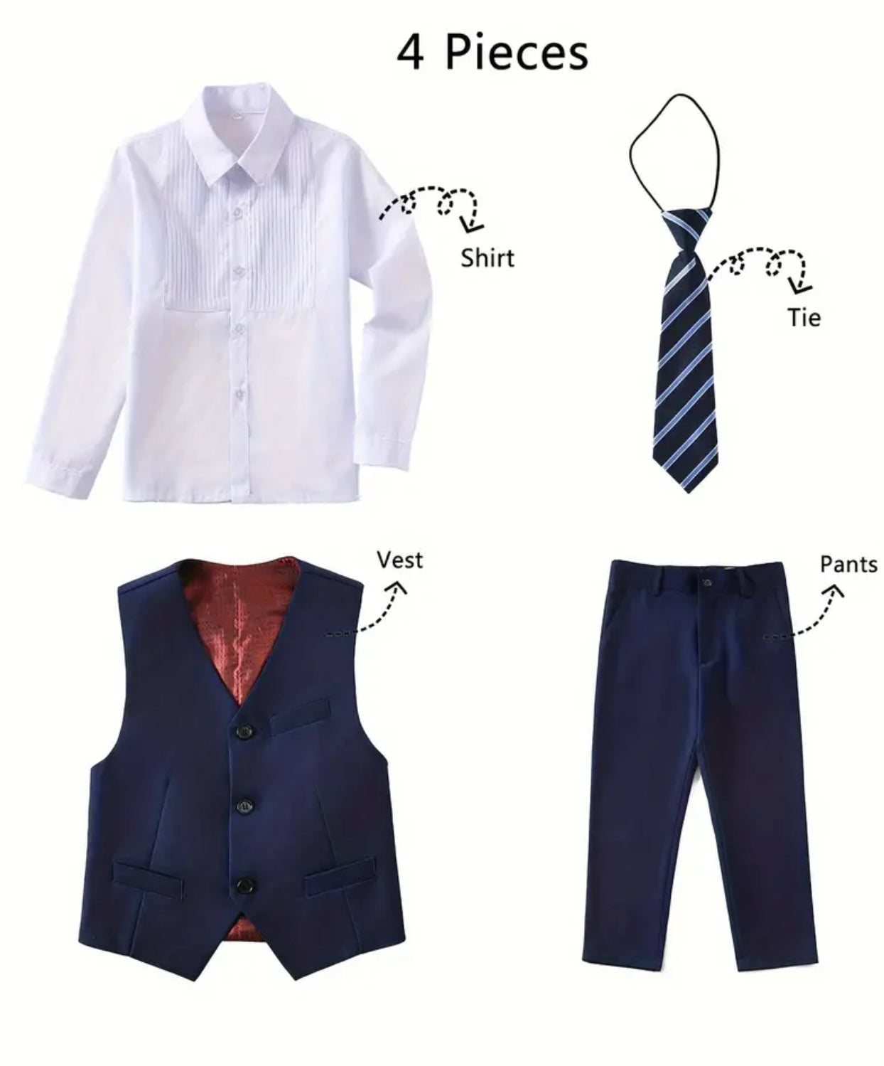 Boy's Navy Blue, 4 piece set, Vest, Shirt, Pants & and Navy Blue Striped Tie