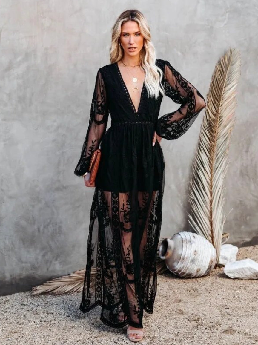 Vestido largo de tul con encaje bohemio de diosa