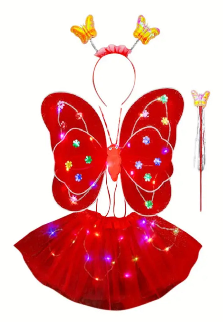 Girl's LED Fairy Costume Set, Butterfly Wings + Tutu Skirt Headband, Wand, 3Y-14Y