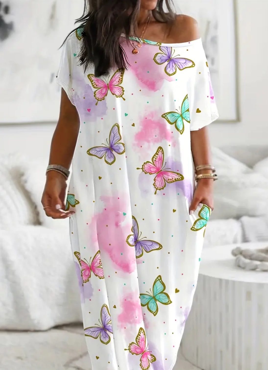 Plus Size, One Shoulder Baggy Sleep Dress With Pockets