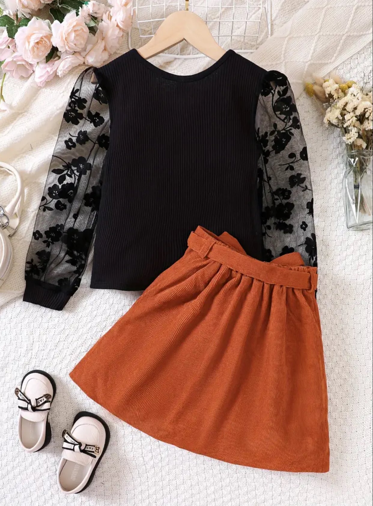 Conjunto elegante para niña, 2 piezas, blusa con mangas de malla y falda de pana