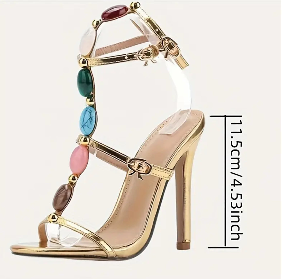 ‘Mayan Gold’ Colorful Gemstone Accents | Open Toe Ankle Strap High Heel