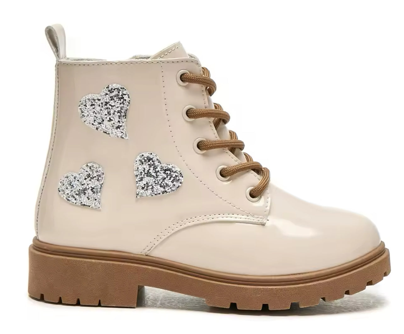 “Sequin Sparkle” Heart Mid-Top Boots, Faux Leather with Zip Closure, Fabric Lined