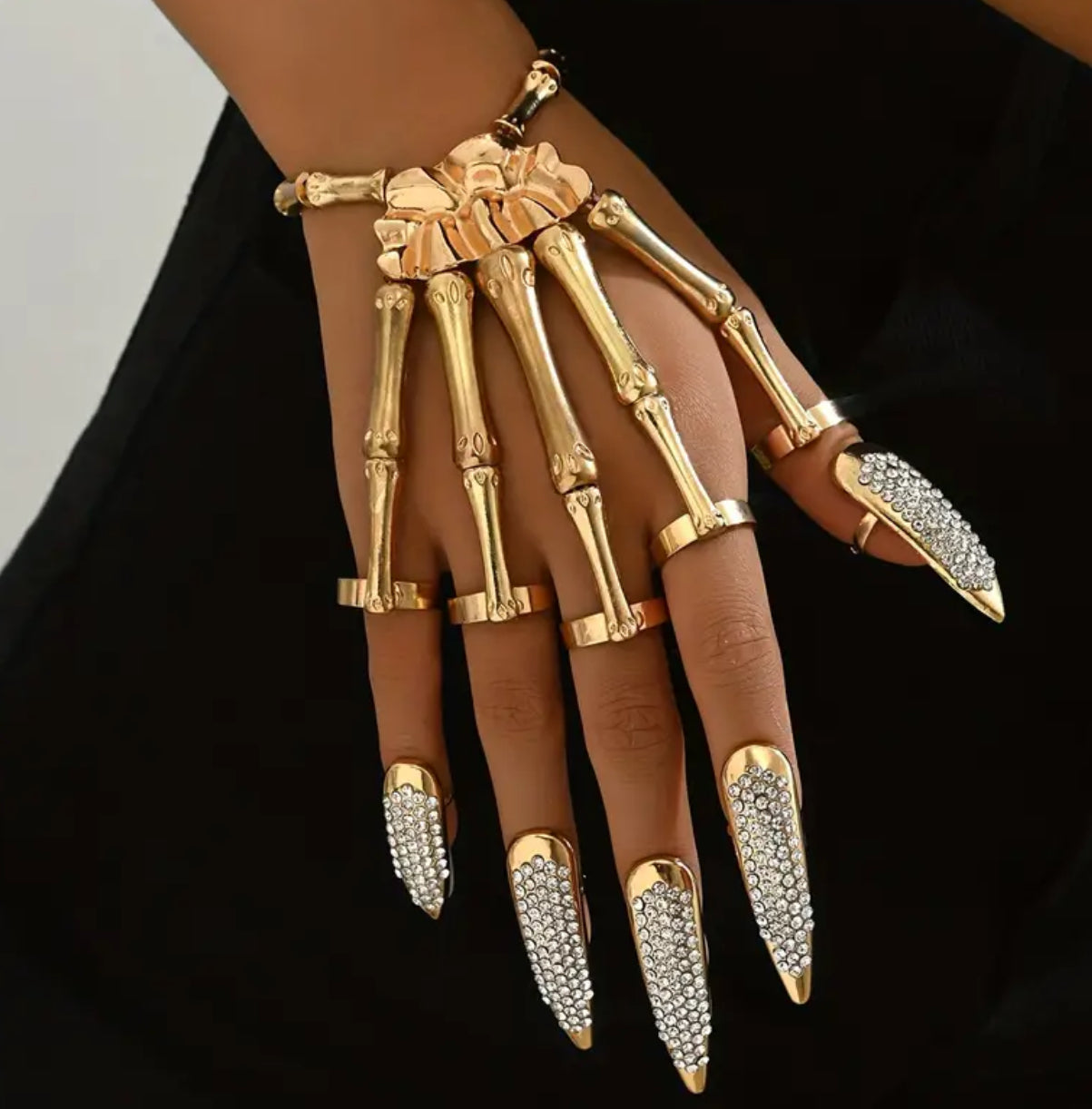 “Jack 💀” Vintage Punk Skeleton Hand Ring Set, Rhinestone Studded Talon Nail Covers, Zinc Alloy Plated, Adjustable Jewelry