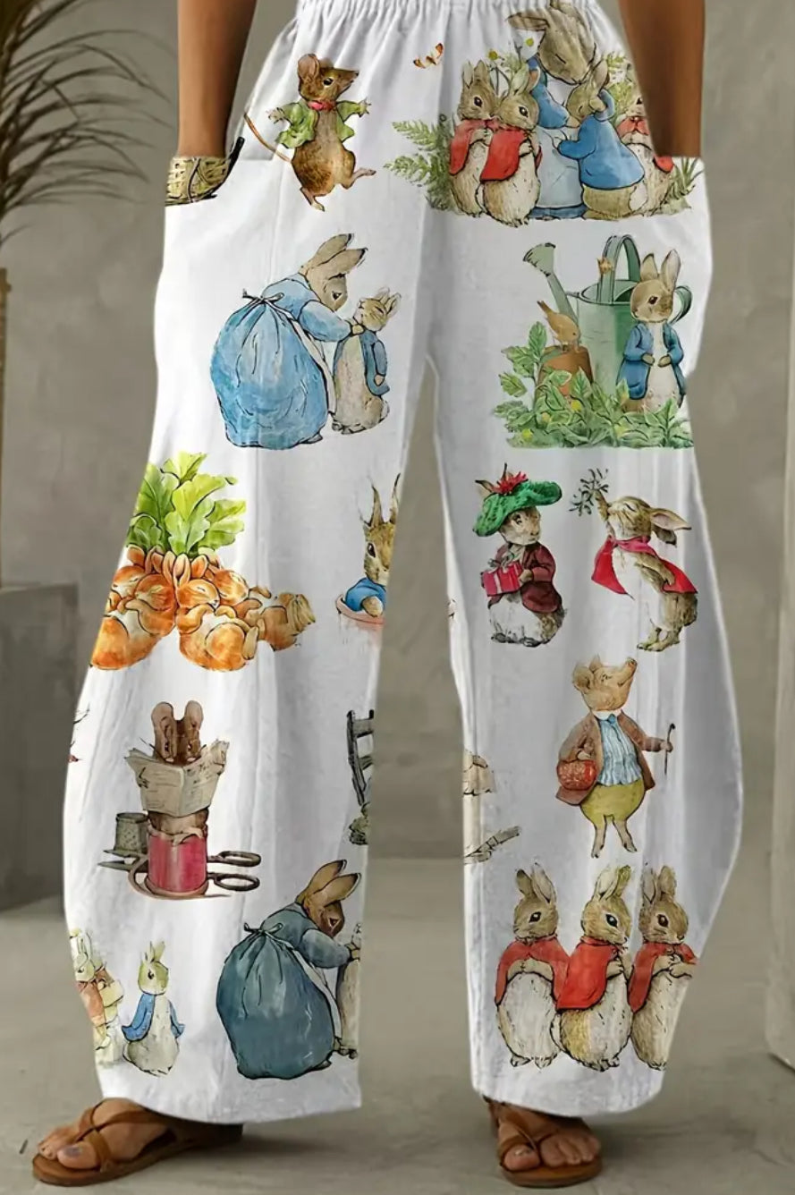 Vintage “Peter Rabbit” Print Wide Leg Casual, Stretchy Women’s Pajamas Pants