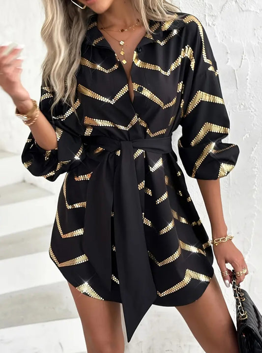 Vibrant Chevron 🤎🖤 Print Mini Casual Half Sleeve Tie Waist Dress