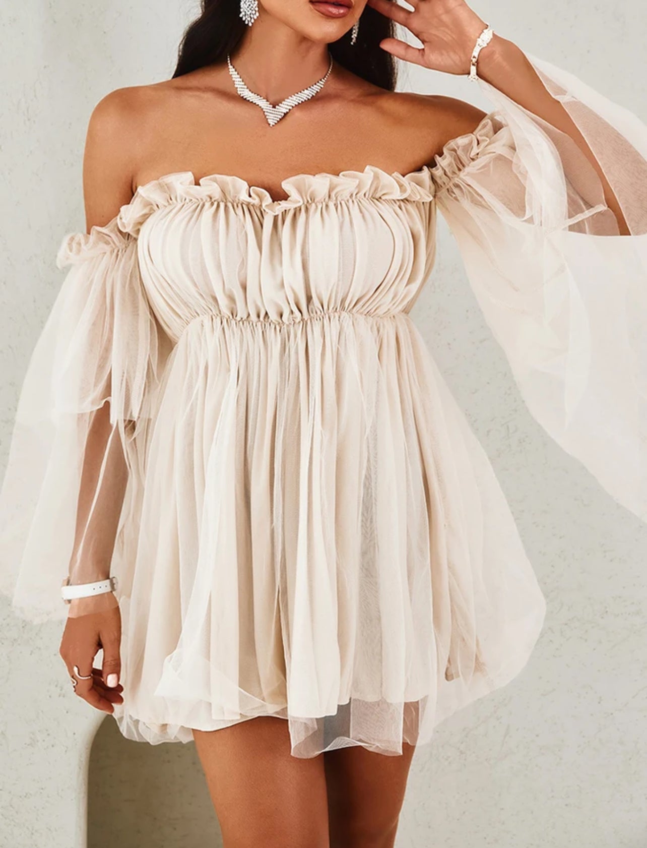 Off Shoulder Frill Trim Sheer Mesh Swing Dress