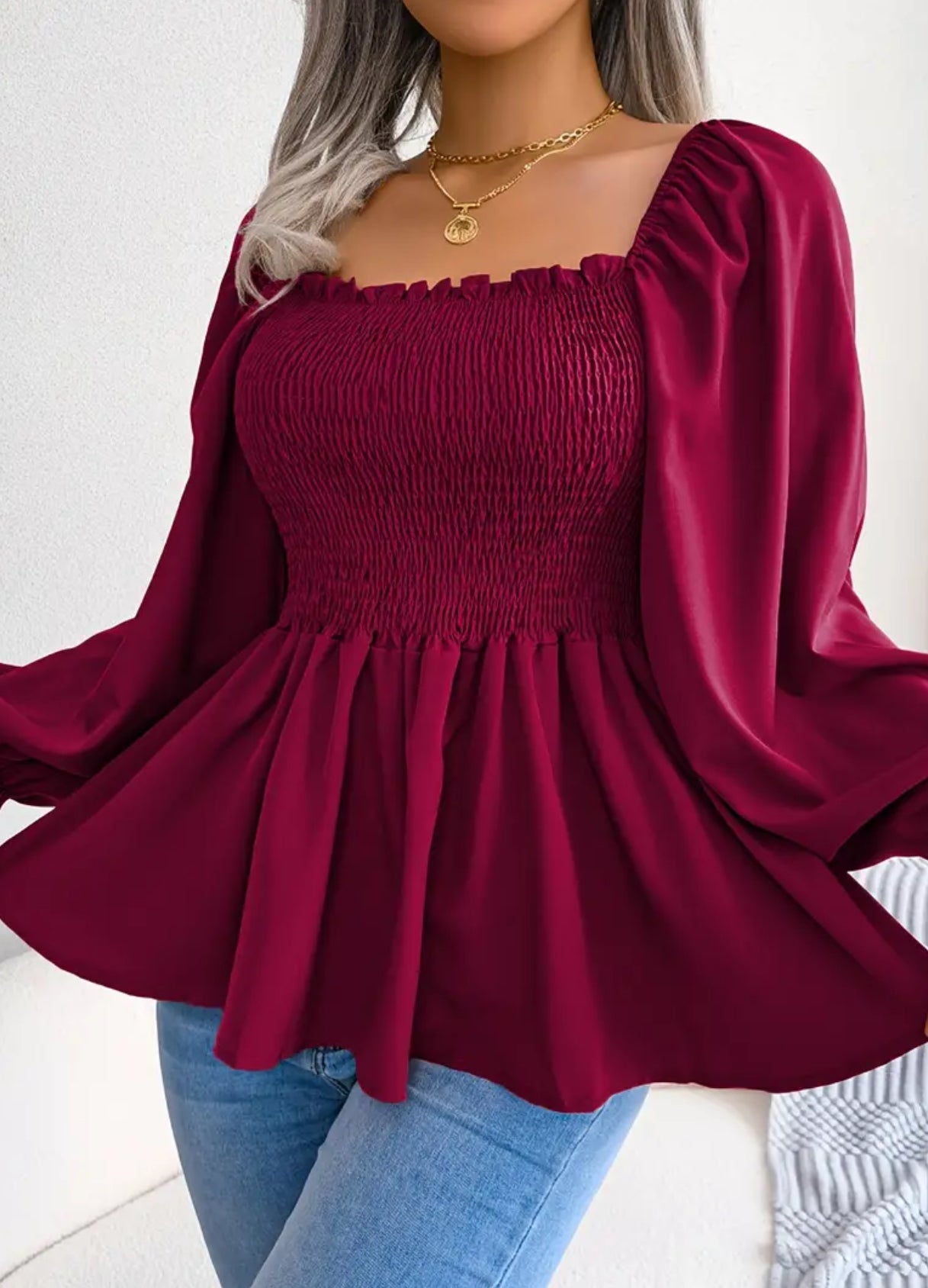 Casual Peplum Top with Lantern Sleeves