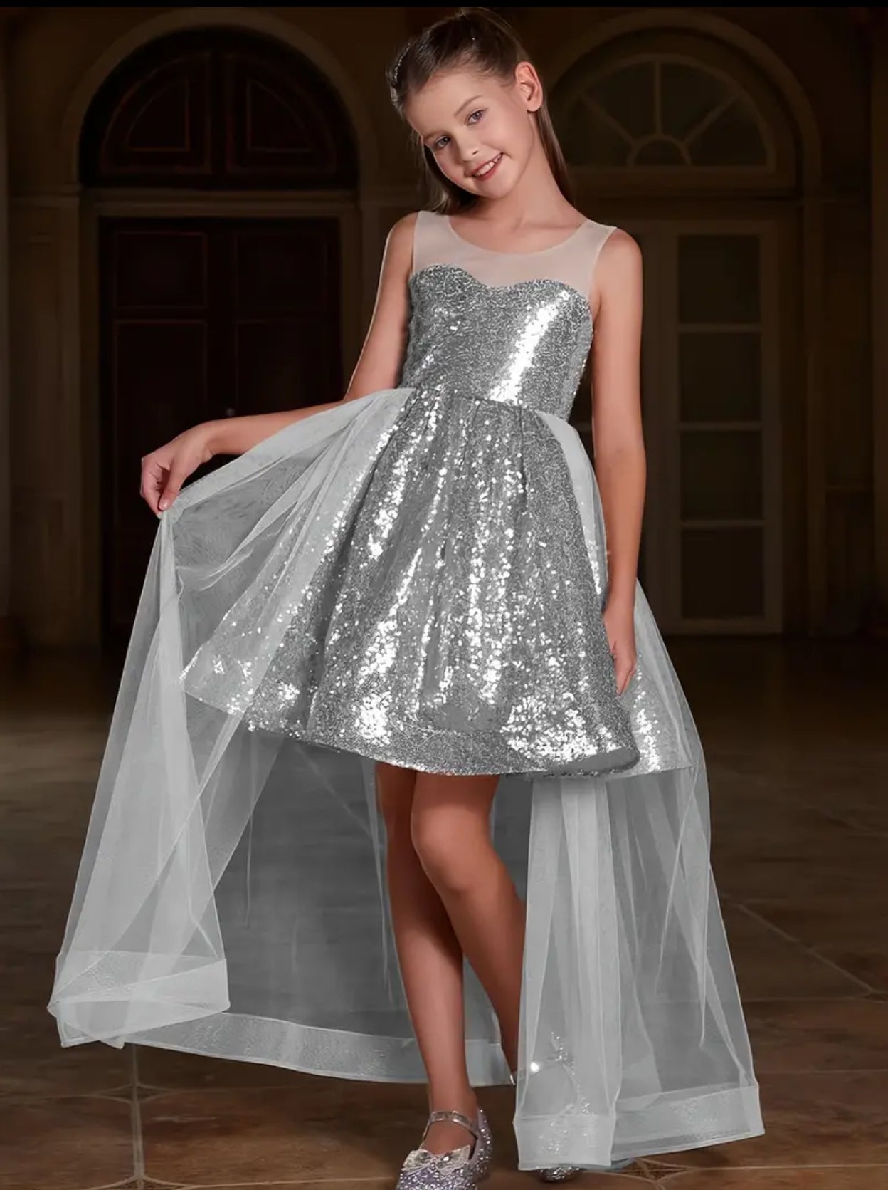 Girls' Sparkling Sequin Dress With Tulle Overlay, Long Formal Gown