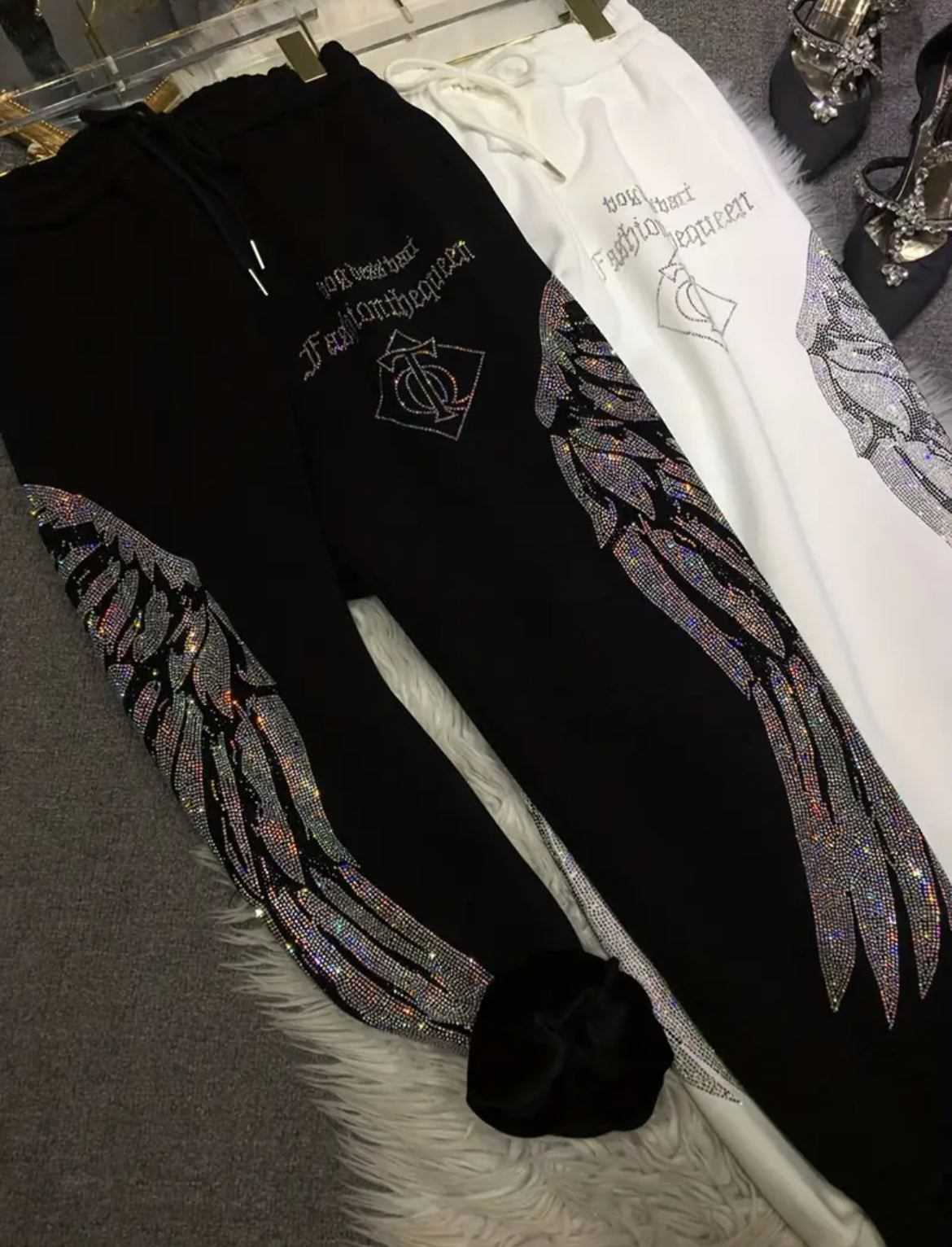 Fleece Plus Size - Wing Rhinestones, Elastic Waistband & Drawstring Bottom With Pocket- High Waisted Thick, Stylish Sweatpants Up To 4XL