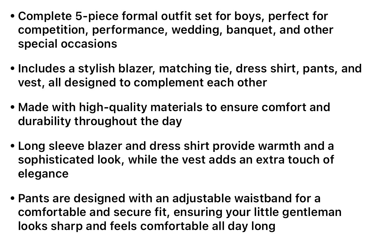 5pcs Boys Formal Gentleman Outfits Long Sleeve Blazer, Tie, Shirt, Pants, Vest