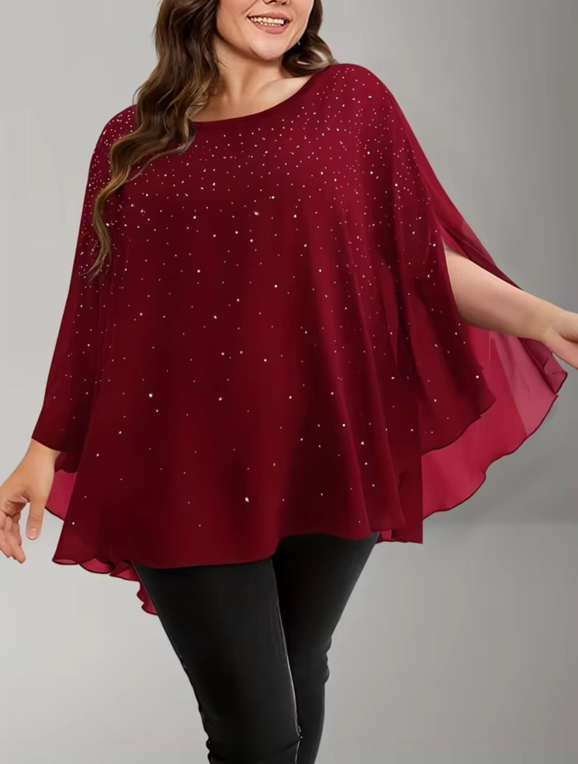 Elegant Sequined Chiffon Slit Sleeve Top