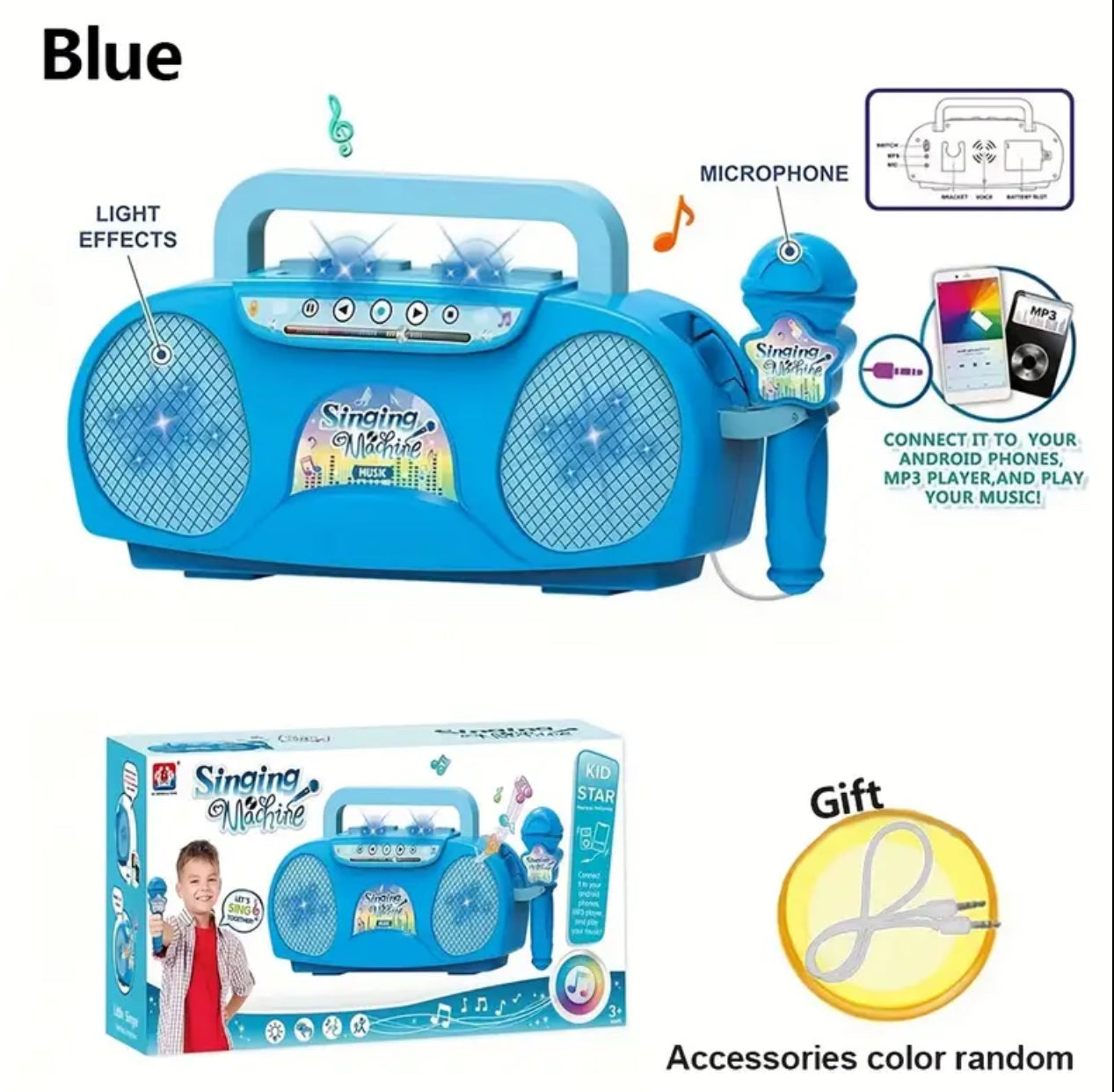 Kids Karaoke Boombox + Microphone & Lights. Portable Lightweight