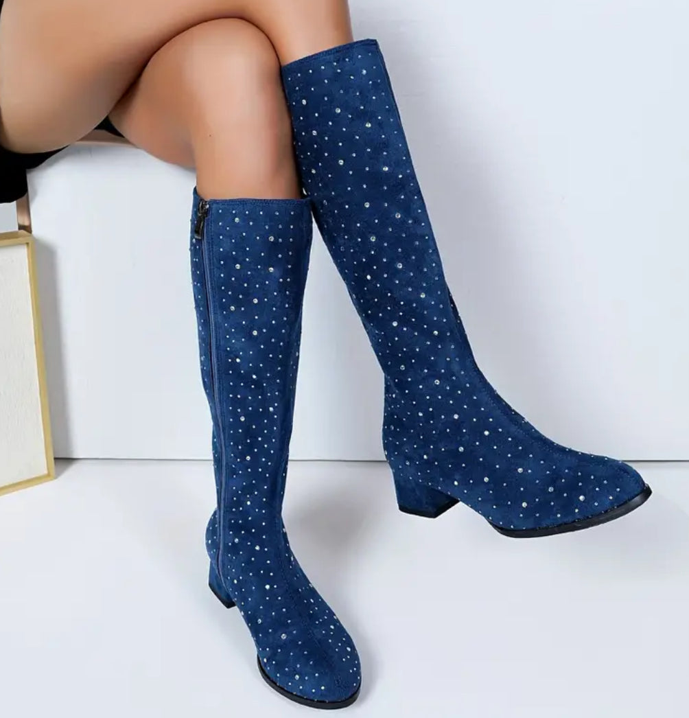 Chic Women's Mid-Calf Boots with Rhinestone Accents