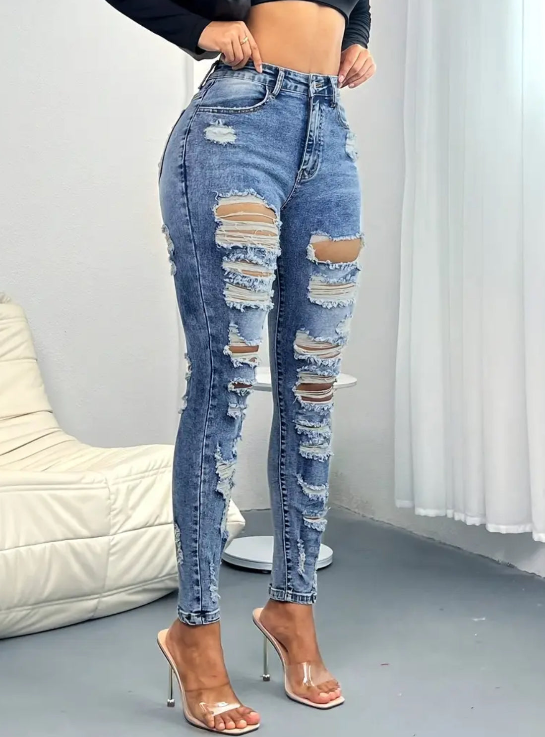 ‘Leah’ Women's Distressed Denim Leggings with Zipper Pocket, Mid-Rise, Stretchy, Hip-Lifting