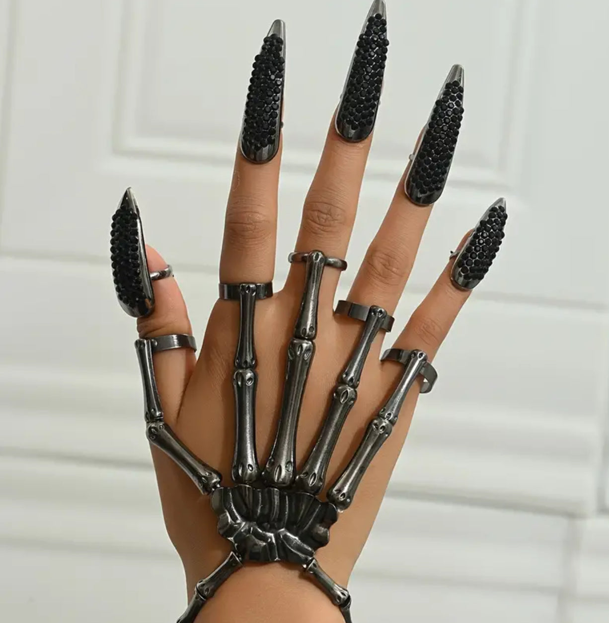 “Jack 💀” Vintage Punk Skeleton Hand Ring Set, Rhinestone Studded Talon Nail Covers, Zinc Alloy Plated, Adjustable Jewelry